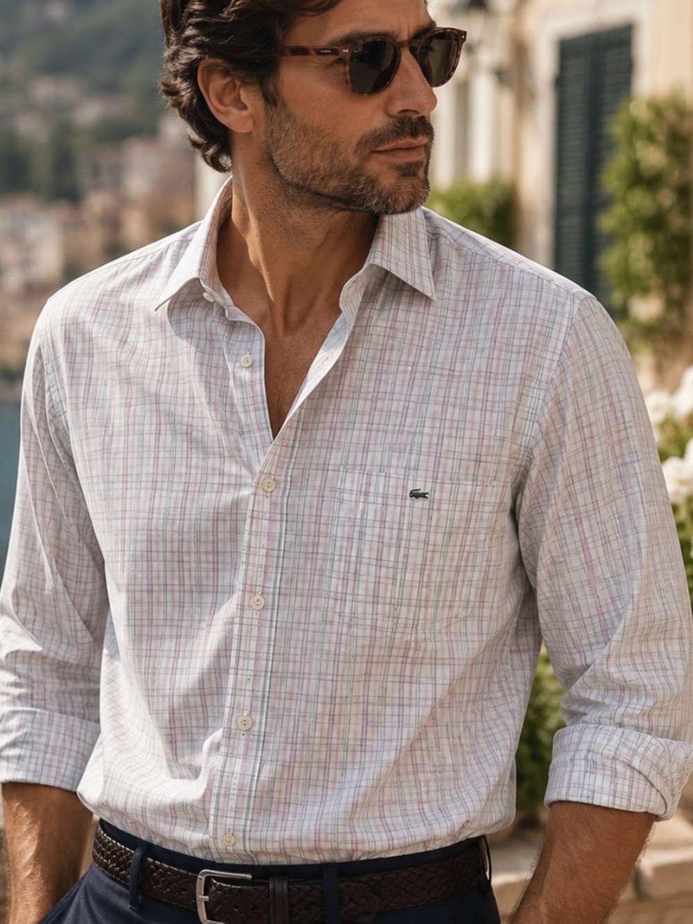 Lacoste Men’s White Shirt with Subtle Pastel Pinstripes